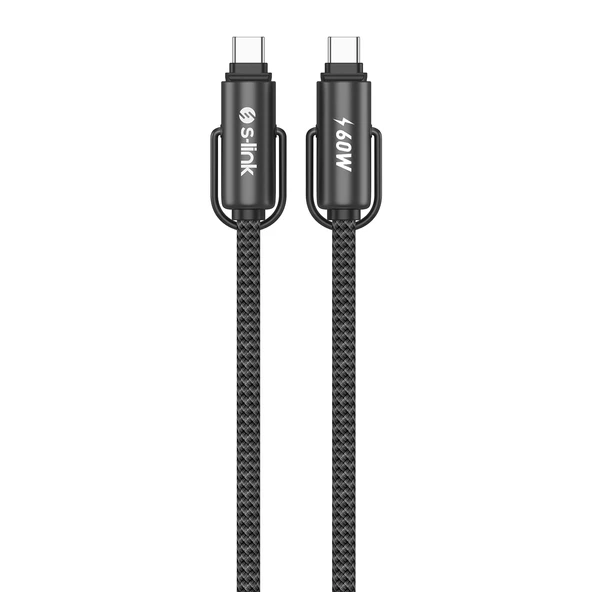 S-Link Armor Boyun Askılı Ac-01 60W 1.2 Metre Type-C To Type-C Örgülü Metal Başlıklı Siyah Şarj Kablosu ürün görseli 1