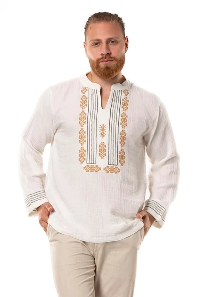 Uzun Kol İbiza Nakışlı Müslin Erkek Yazlık Tshirt Kırık Beyaz KrkByz ürün görseli 1