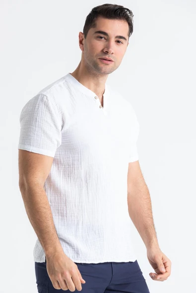 Kısa Kol Erkek Ribanalı Yazlık Müslin Tshirt Beyaz Byz ürün görseli 1