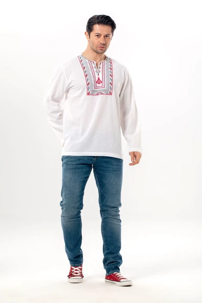 Uzun Kol Şile Bezi Bisiklet Yaka Bahriyeli Erkek Yazlık T-shirt Beyaz 3001 ürün görseli 1