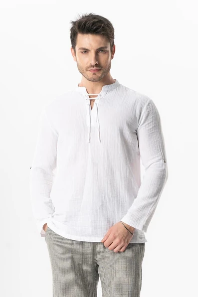 Uzun Kol Doruk V Yaka Bağcıklı Müslin Erkek Yazlık Tshirt Beyaz Byz ürün görseli 1