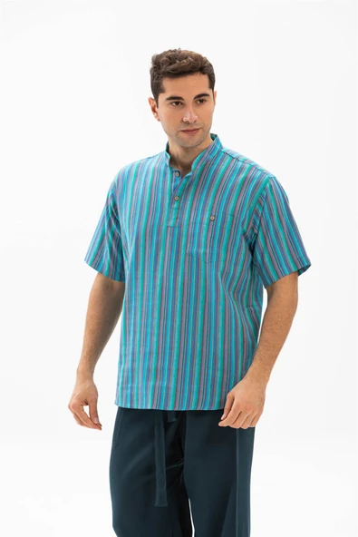 Kısa Kol Şile Bezi Tek Cepli Hakim Yaka Erkek Yazlık Tshirt Turkuaz Çizgili 3071 ürün görseli 1