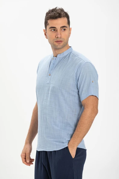 Kısa Kol Şantuklu Pamuk Bodrum Erkek Yazlık Tshirt Açık Mavi 3074 ürün görseli 1