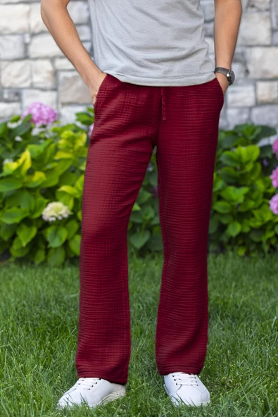 Beli Lastikli Multi Çift Cepli Müslin Kadın/Erkek Unisex Yazlık Pantolon Bordo Brd ürün görseli 1