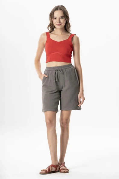 Beli Lastikli Rüzgar Kadın/Erkek Unisex Müslin Yazlık Şort Gri Gri ürün görseli 1