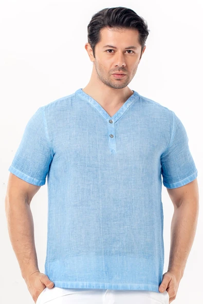 Bora Düğmeli V Yaka Kısa Kol Poplin Erkek Tişört | Yazlık Erkek Tshirt Açık Mavi Amv ürün görseli 1