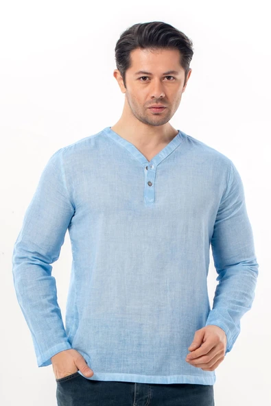 Uzun Kol Bora V Yaka Düğmeli Poplin Erkek Tişört | Yazlık Erkek Tshirt Açık Mavi Amv ürün görseli 1