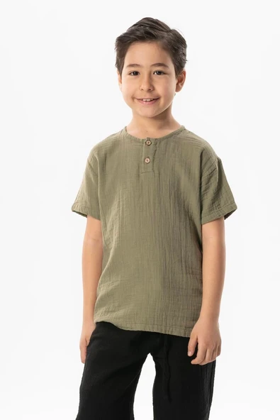 Kısa Kol Batı Yazlık Müslin Erkek Çocuk Tshirt Haki Hk ürün görseli 1