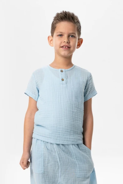 Kısa Kol Batı Yazlık Müslin Erkek Çocuk Tshirt Buz Mavi Bmv ürün görseli 1