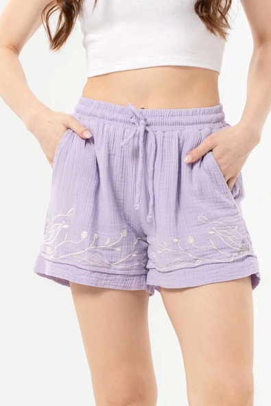 Beli Lastikli Cunda Çift Cepli Yazlık Nakışlı Müslin Mini Şort Lila Lila ürün görseli 1