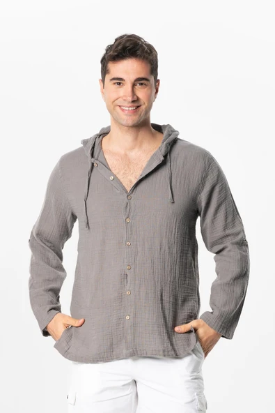 Uzun Kol Erkek Kapüşonlu Yazlık Müslin Sweatshirt Gri Gri ürün görseli 1