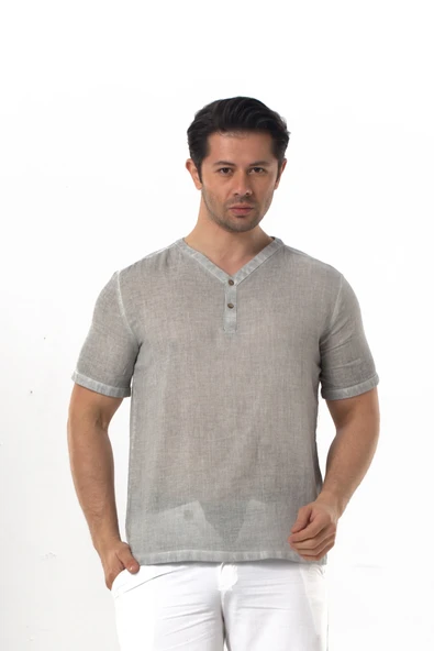Bora Düğmeli V Yaka Kısa Kol Poplin Erkek Tişört | Yazlık Erkek Tshirt Gri Gri ürün görseli 1