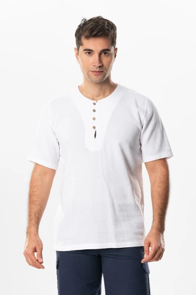 Halikarnas Kısa Kol Violet Düğme Detaylı Erkek Yazlık Tshirt Beyaz Byz ürün görseli 1