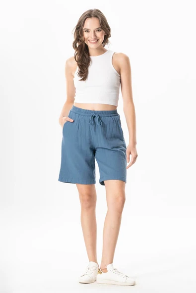 Beli Lastikli Rüzgar Kadın/Erkek Unisex Müslin Yazlık Şort İndigo indg ürün görseli 1