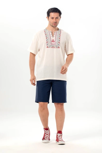 Kısa Kol Şile Bezi Bisiklet Yaka Bahriyeli Erkek Yazlık T-shirt Krem Krm ürün görseli 1