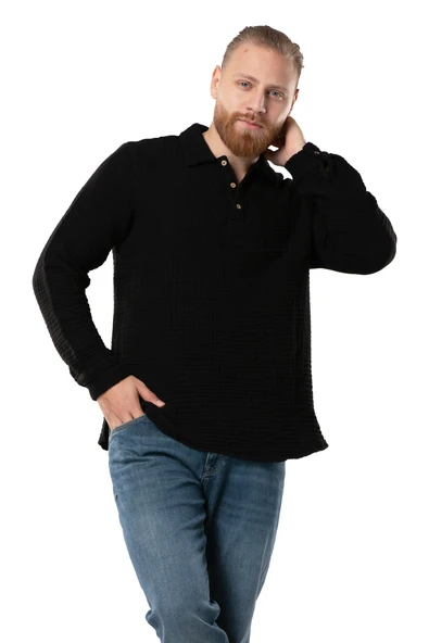 Uzun Kol Double Müslin Erkek Sonbahar ve Kışlık Sweatshirt Siyah Syh ürün görseli 1