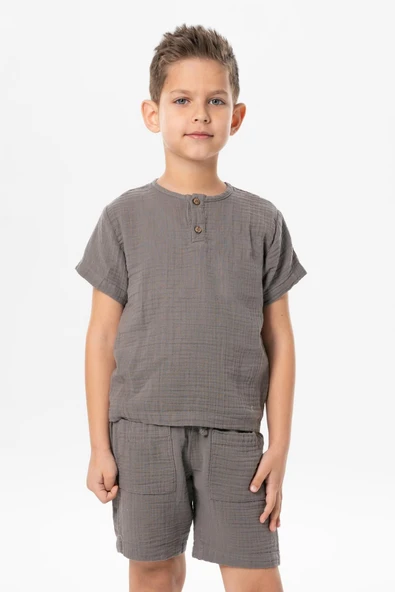 Kısa Kol Batı Yazlık Müslin Erkek Çocuk Tshirt Gri Gri ürün görseli 1