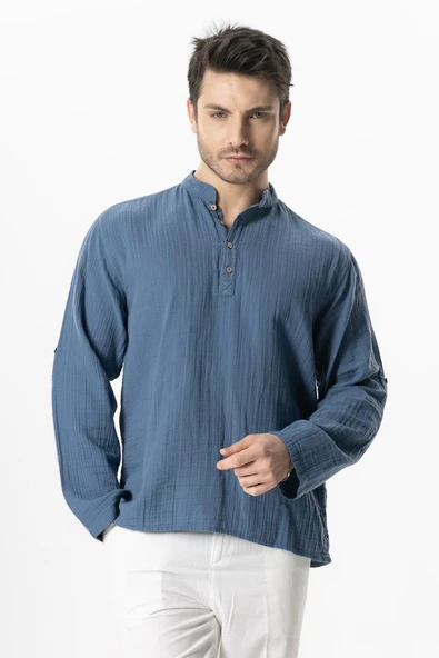 Uzun Kol Hakim Yaka Müslin Yazlık Sweatshirt İndigo indg ürün görseli 1