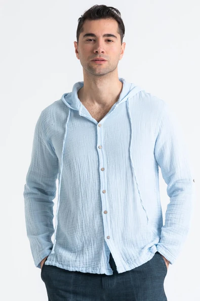 Uzun Kol Erkek Kapüşonlu Yazlık Müslin Sweatshirt Buz Mavi Bmv ürün görseli 1