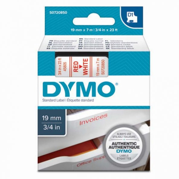 Dymo D1 Şerit Standart 19 MMx7 MT Beyaz Üzerine Kırmızı 45805 ürün görseli 1