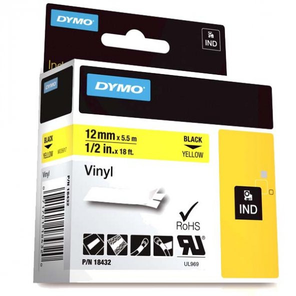 Dymo Rhino Pro Etiketi Renkli Vinil 12 MMx5.5 MT Sarı Üzerine Siyah 18432 ürün görseli 1