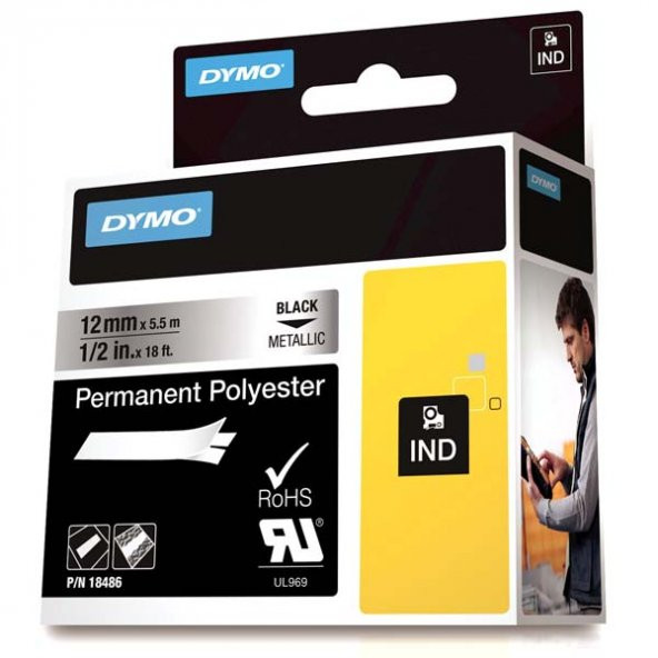 Dymo Rhinopro Sabitpolyester 12 MMx5.5 M Metalik Gri/Siyah 18486 ürün görseli 1