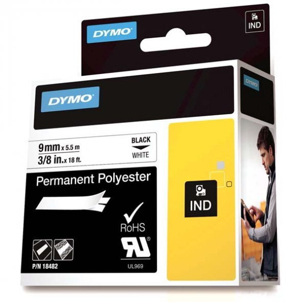 Dymo Rhinopro Sabitpolyster Şerit 9 MMx5.5 M Beyaz/Siyah 18482 ürün görseli 1