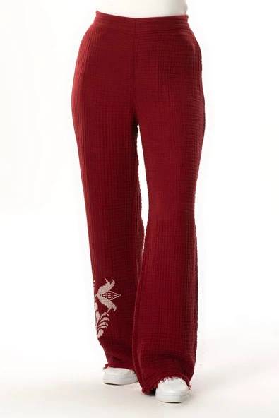 Beli Lastikli Filiz Sonbahar ve Kışlık Nakışlı Double Müslin Pantolon Bordo Brd ürün görseli 1