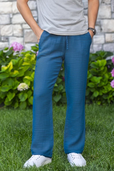 Beli Lastikli Multi Çift Cepli Müslin Kadın/Erkek Unisex Yazlık Pantolon İndigo indg ürün görseli 1