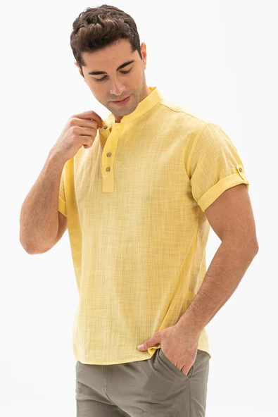 Kısa Kol Şantuklu Pamuk Bodrum Erkek Yazlık Tshirt Sarı 3073 ürün görseli 1