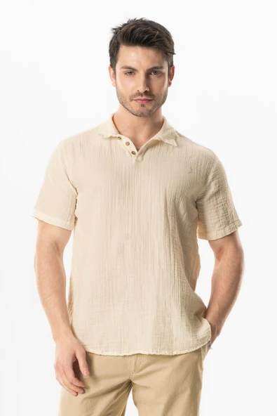 Kısa Kol Polo Yaka Müslin Yazlık Tshirt Bej Bej ürün görseli 1
