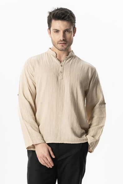 Uzun Kol Hakim Yaka Müslin Yazlık Sweatshirt Bej Bej ürün görseli 1