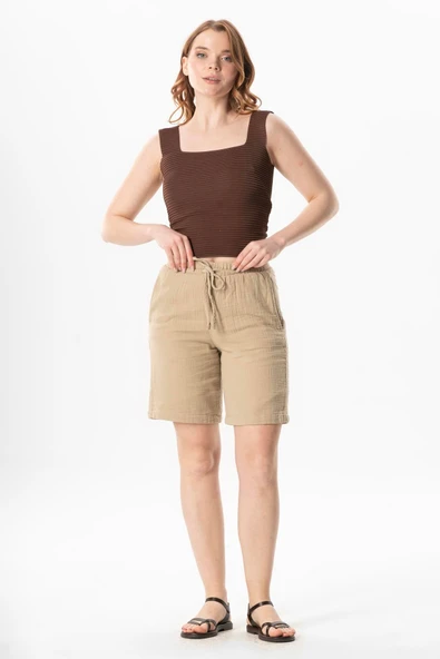 Beli Lastikli Rüzgar Kadın/Erkek Unisex Müslin Yazlık Şort Vizon Vzn ürün görseli 1