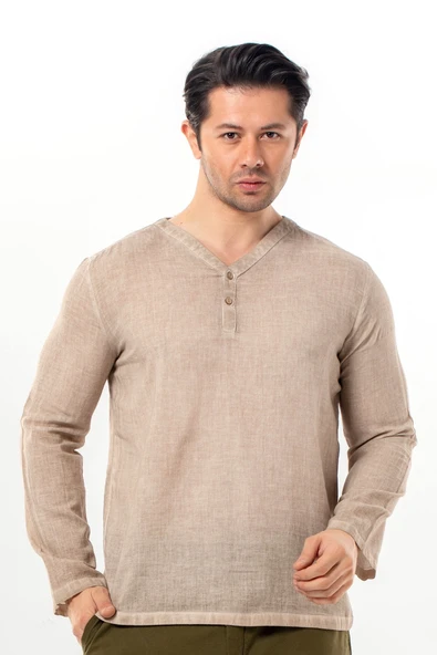 Uzun Kol Bora V Yaka Düğmeli Poplin Erkek Tişört | Yazlık Erkek Tshirt Bej Bej ürün görseli 1