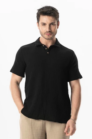 Kısa Kol Polo Yaka Müslin Yazlık Tshirt Siyah Syh ürün görseli 1