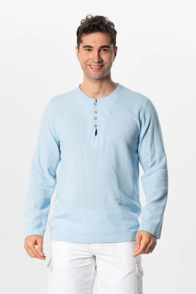 Halikarnas Uzun Kol Violet Düğme Detaylı Erkek Yazlık Tshirt Buz Mavi Bmv ürün görseli 1