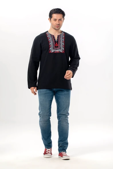 Uzun Kol Şile Bezi Bisiklet Yaka Bahriyeli Erkek Yazlık T-shirt Siyah 3003 ürün görseli 1