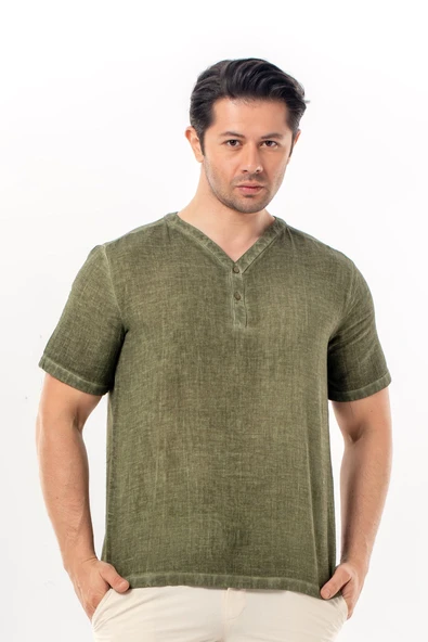 Bora Düğmeli V Yaka Kısa Kol Poplin Erkek Tişört | Yazlık Erkek Tshirt Açık Haki Ahk ürün görseli 1