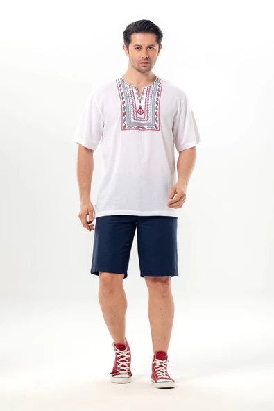 Kısa Kol Şile Bezi Bisiklet Yaka Bahriyeli Erkek Yazlık T-shirt Beyaz Byz ürün görseli 1