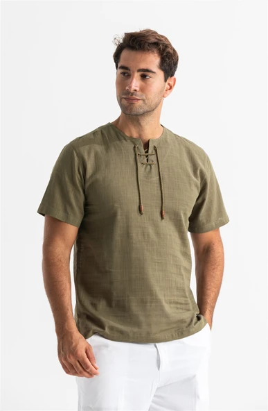 Büyük Beden Kısa Kol Şile Bezi Zımbalı Erkek Yazlık Tshirt Haki 3049 ürün görseli 1