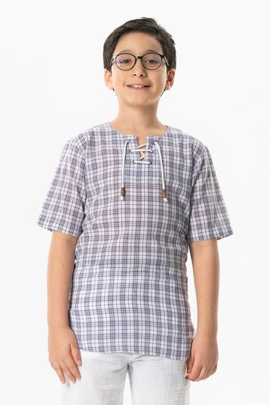 Kısa Kol Şile Bezi Zımbalı Yazlık Erkek Çocuk Tshirt Mor Kareli 3035 ürün görseli 1
