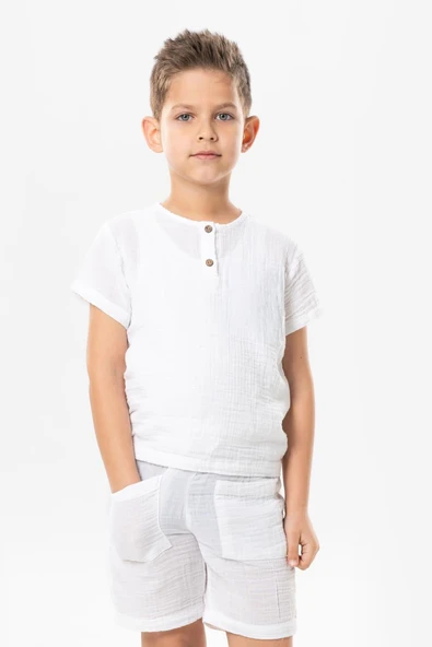 Kısa Kol Batı Yazlık Müslin Erkek Çocuk Tshirt Beyaz Byz ürün görseli 1