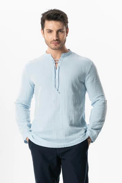 Uzun Kol Doruk V Yaka Bağcıklı Müslin Erkek Yazlık Tshirt Buz Mavi Bmv ürün görseli 1