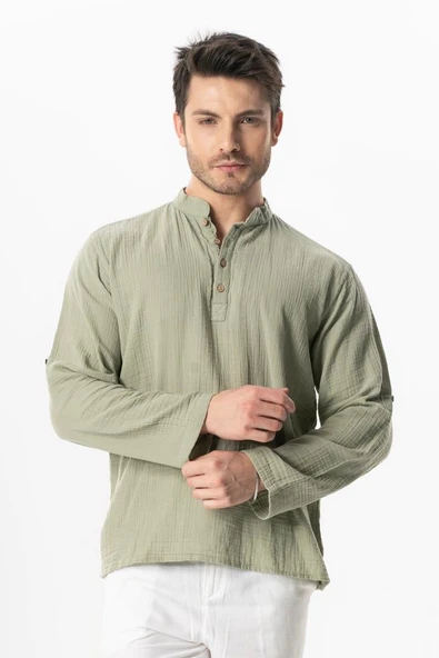 Uzun Kol Hakim Yaka Müslin Yazlık Sweatshirt Zeytin Yeşili Zytnysl ürün görseli 1
