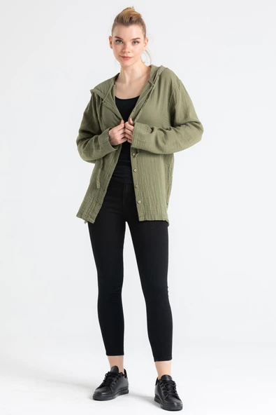 Uzun Kol Kapüşonlu Kadın Yazlık Müslin Sweatshirt Haki Hk ürün görseli 1