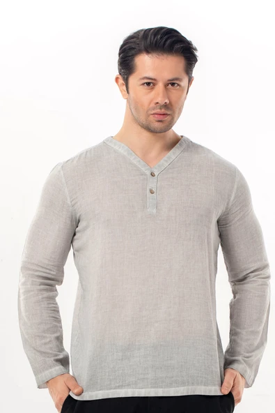 Uzun Kol Bora V Yaka Düğmeli Poplin Erkek Tişört | Yazlık Erkek Tshirt Gri Gri ürün görseli 1