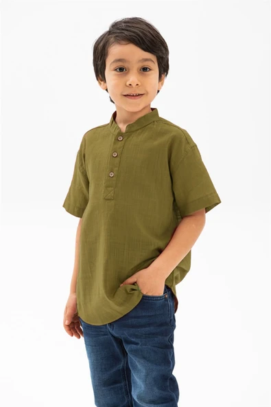 Kısa Kol Şantuklu Pamuk Bodrum Yazlık Erkek Çocuk Tshirt Haki 3049 ürün görseli 1