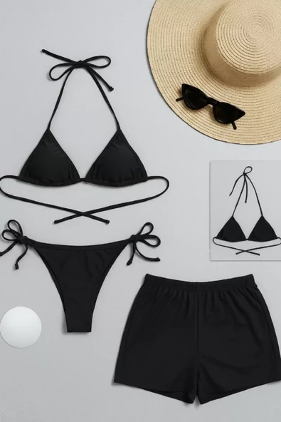 Kadın 3'lü Set Siyah Şortlu ve Yandan Bağlamalı Bikini Mayo Takımı ürün görseli 1