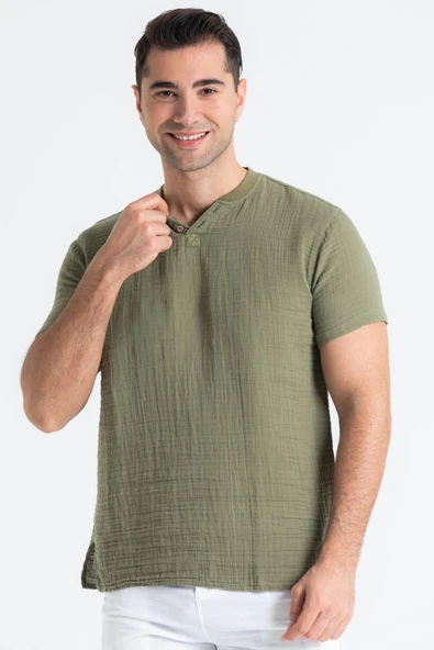 Kısa Kol Erkek Ribanalı Yazlık Müslin Tshirt Haki Hk ürün görseli 1