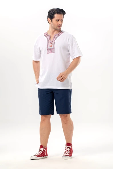 Kısa Kol Şile Bezi Bisiklet Yaka Etnik Erkek Yazlık T-shirt Beyaz Byz ürün görseli 1